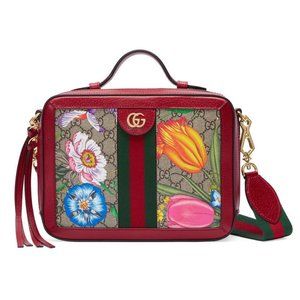 Gucci Ophidia Top Handle Tote Floral Purse Red Leather Canvas Shoulder Bag